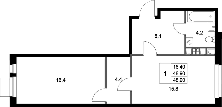 Планировка однокомнатная 48.9 м² в ЖК «Легенда Марусино», корпус 1.2