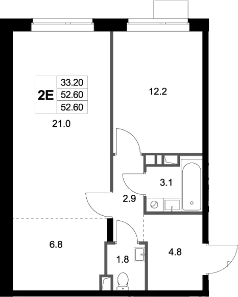 Планировка евродвушка (2Е) 52.6 м² в ЖК «Легенда Марусино», корпус 1.2