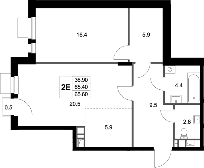 Планировка евродвушка (2Е) 65.6 м² в ЖК «Легенда Марусино», корпус 1.1