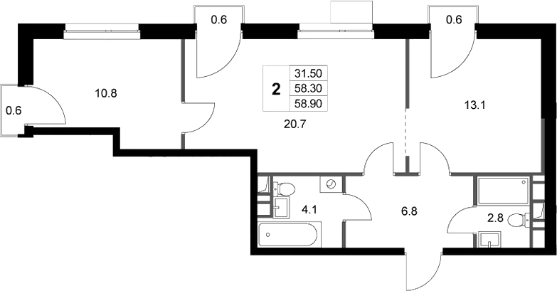 Планировка двухкомнатная 58.9 м² в ЖК «Легенда Марусино», корпус 1.1