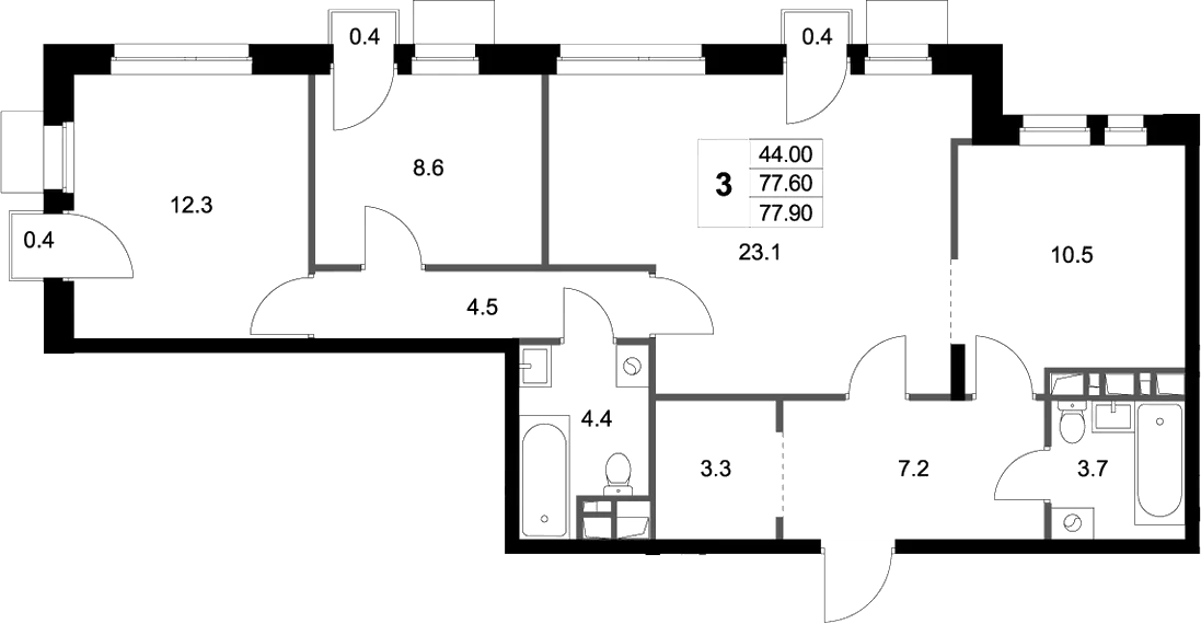 Планировка трёхкомнатная 77.9 м² в ЖК «Легенда Марусино», корпус 1.2