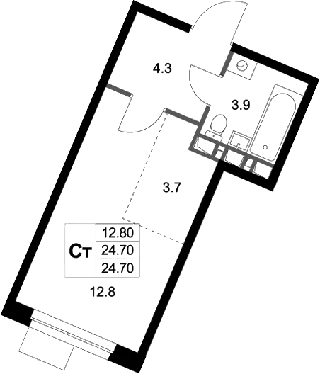 Планировка Студии 24.7 м² в ЖК «Легенда Марусино», корпус 1.2