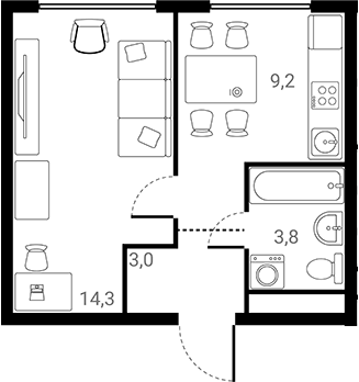 Планировка однокомнатная 30.3 м² в ЖК «Лесная Коллекция», корпус 3
