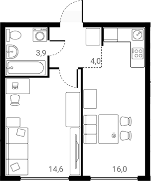 Планировка однокомнатная 38.5 м² в ЖК «Лесная Коллекция», корпус 5