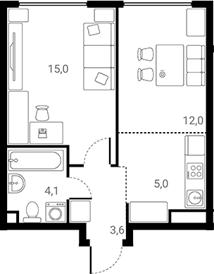 Планировка однокомнатная 39.7 м² в ЖК «Лесная Коллекция», корпус 4