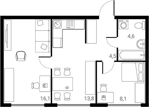 Планировка двухкомнатная 47.1 м² в ЖК «Лесная Коллекция», корпус 2