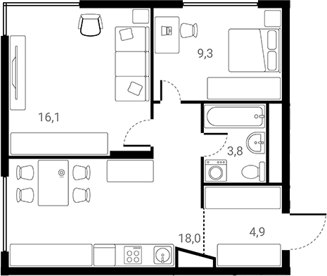 Планировка двухкомнатная 52.1 м² в ЖК «Лесная Коллекция», корпус 1