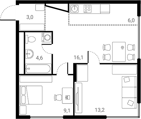 Планировка двухкомнатная 52 м² в ЖК «Лесная Коллекция», корпус 2