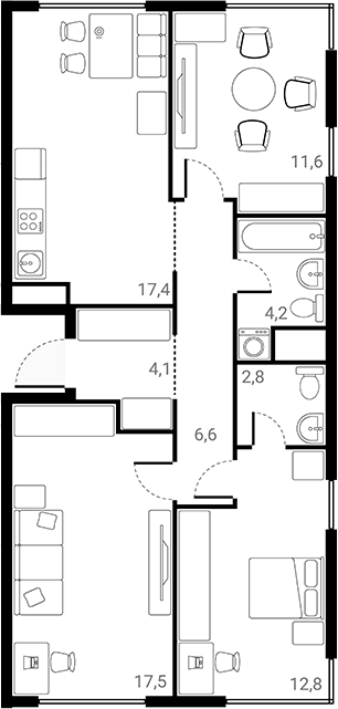 Планировка трёхкомнатная 77 м² в ЖК «Лесная Коллекция», корпус 5