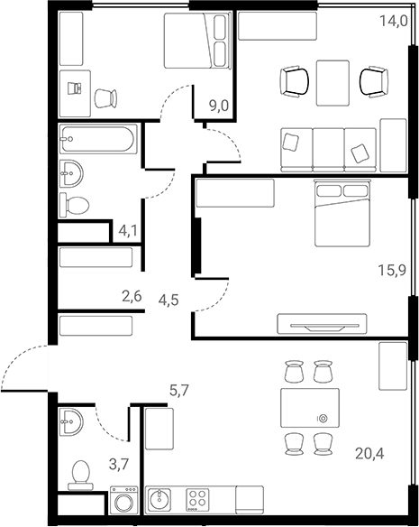 Планировка трёхкомнатная 79.9 м² в ЖК «Лесная Коллекция», корпус 1