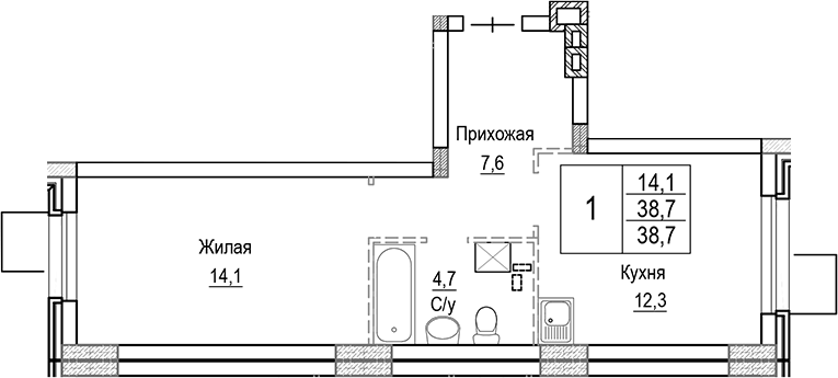 Планировка однокомнатная 38.7 м² в ЖК «Лесная Отрада», корпус 5