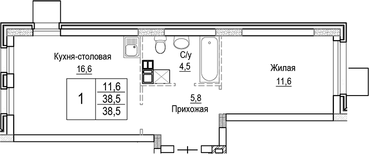 Планировка евродвушка (2Е) 38.5 м² в ЖК «Лесная Отрада», корпус 5
