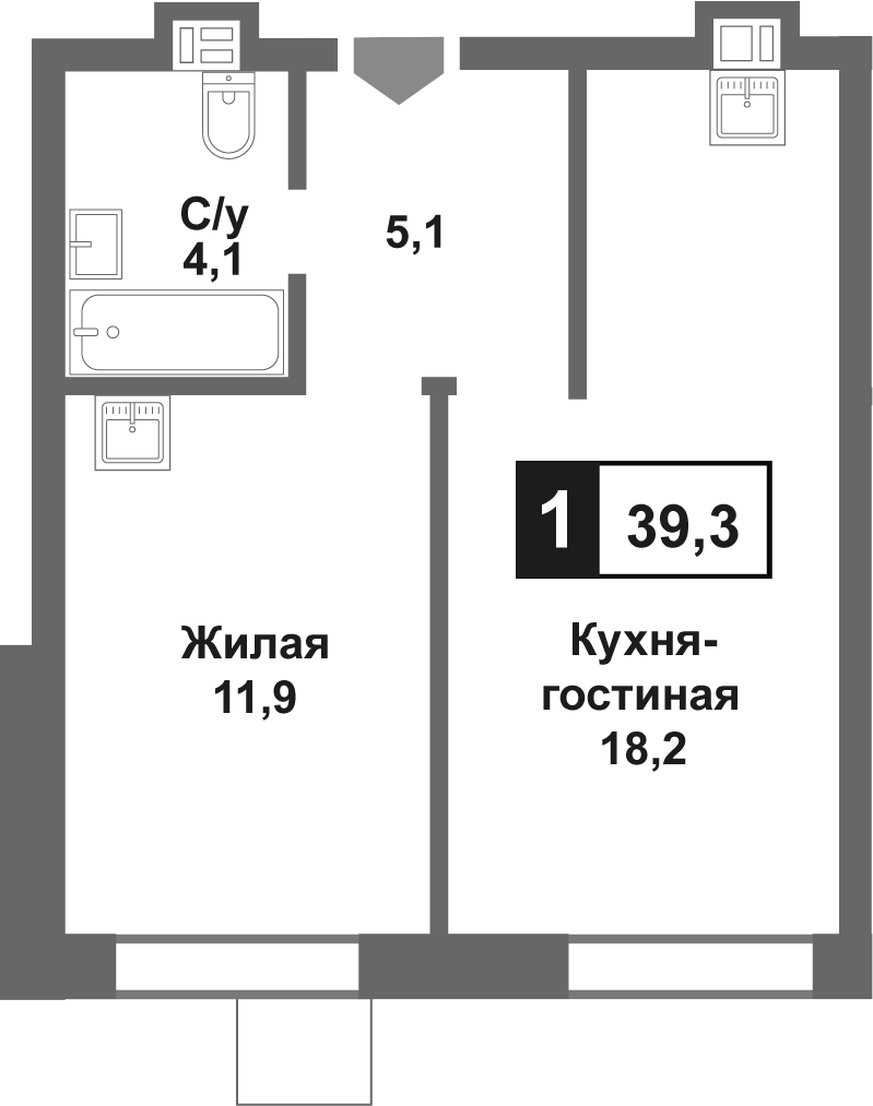 Планировка евродвушка (2Е) 39.3 м² в ЖК «Лесная Отрада», корпус 6