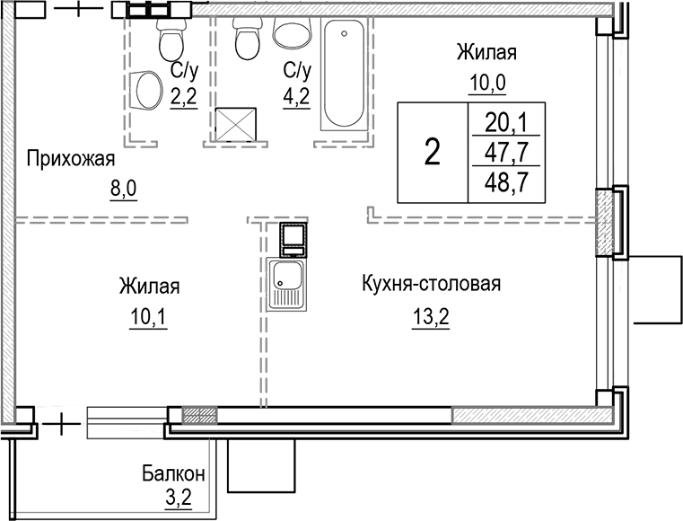 Планировка евротрёшка (3Е) 48.7 м² в ЖК «Лесная Отрада», корпус 5