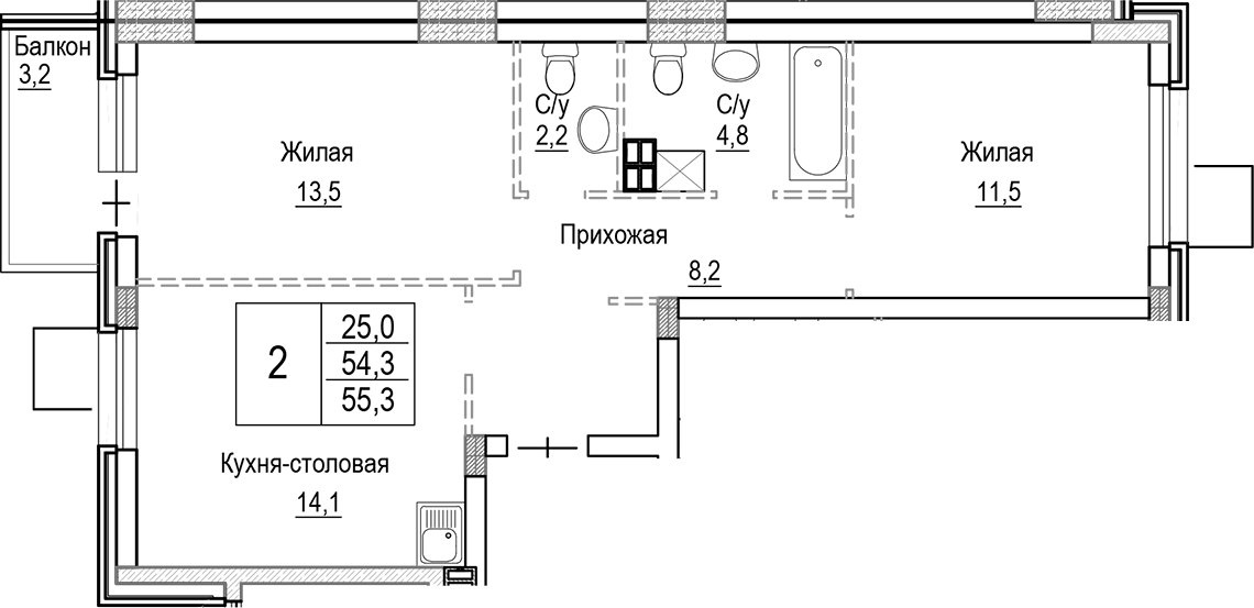 Планировка евротрёшка (3Е) 55.3 м² в ЖК «Лесная Отрада», корпус 5