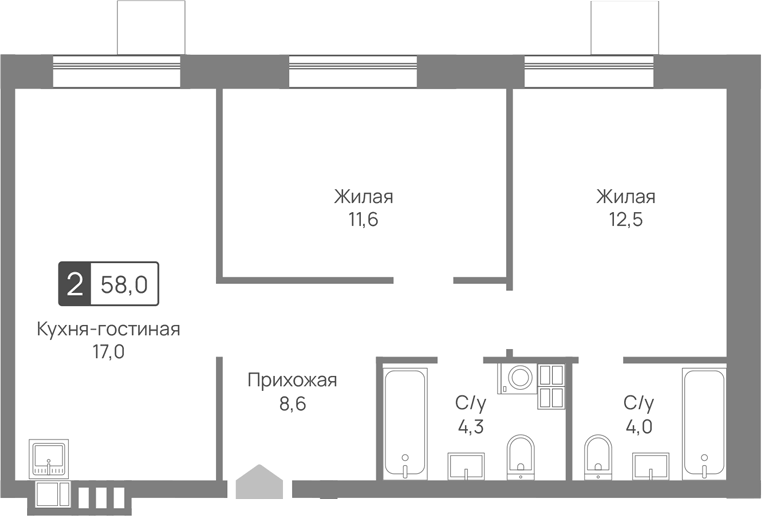 Планировка евротрёшка (3Е) 58 м² в ЖК «Лесная Отрада», корпус 2