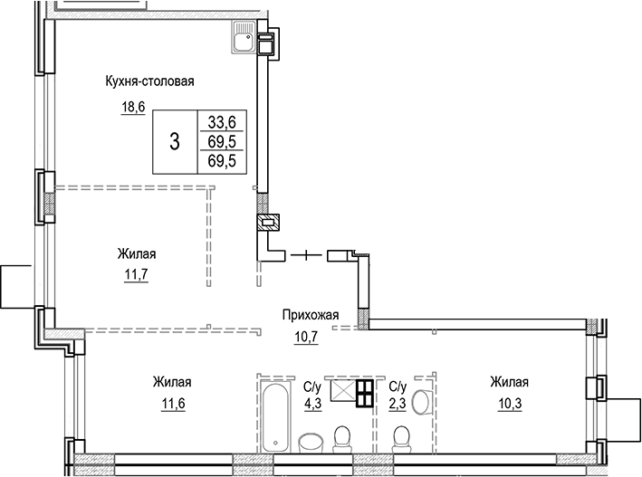 Планировка евро-4 (4Е) 69.5 м² в ЖК «Лесная Отрада», корпус 5