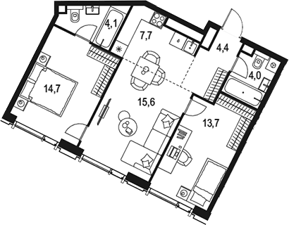 Планировка евротрёшка (3Е) 64.2 м² в ЖК «Левел Академическая», корпус 1