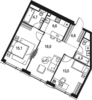 Планировка евротрёшка (3Е) 66.8 м² в ЖК «Левел Академическая», корпус 1