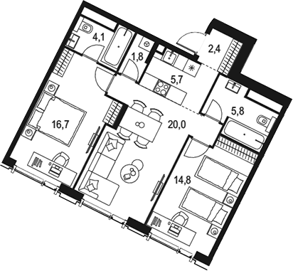 Планировка евротрёшка (3Е) 71.3 м² в ЖК «Левел Академическая», корпус 1