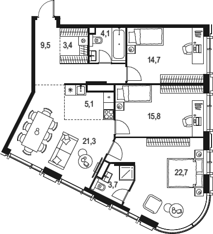 Планировка евро-4 (4Е) 100.3 м² в ЖК «Левел Академическая», корпус 1