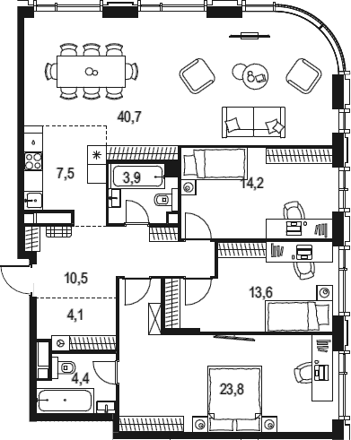 Планировка евро-4 (4Е) 122.7 м² в ЖК «Левел Академическая», корпус 1