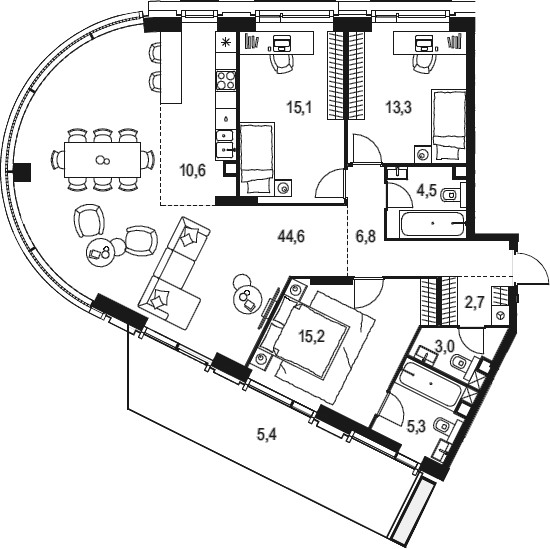 Планировка евро-4 (4Е) 126.5 м² в ЖК «Левел Академическая», корпус 1