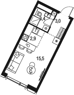 Планировка Студии 24.8 м² в ЖК «Левел Академическая», корпус 1