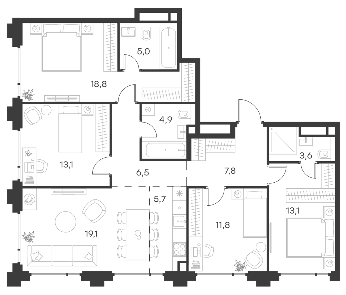 Планировка 5Е-к.кв 109.4 м² в ЖК «Левел Бауманская», корпус B