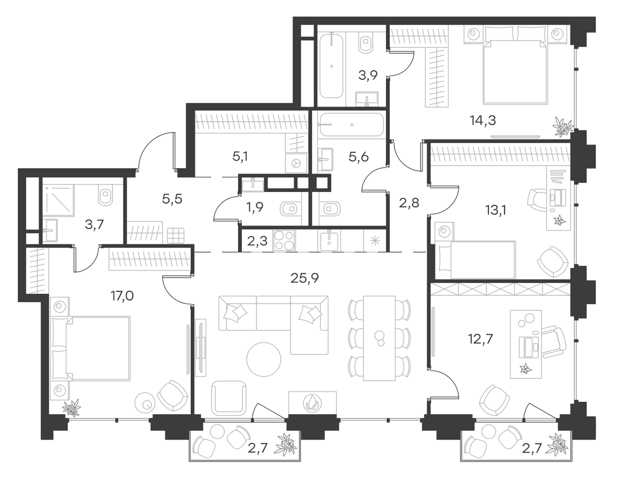 Планировка 5Е-к.кв 115.3 м² в ЖК «Левел Бауманская», корпус C