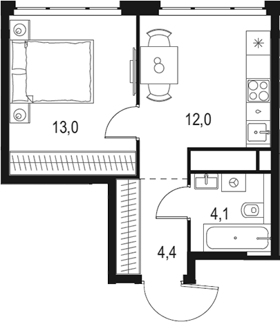 Планировка однокомнатная 33.5 м² в ЖК «Левел Мичуринский», корпус 8