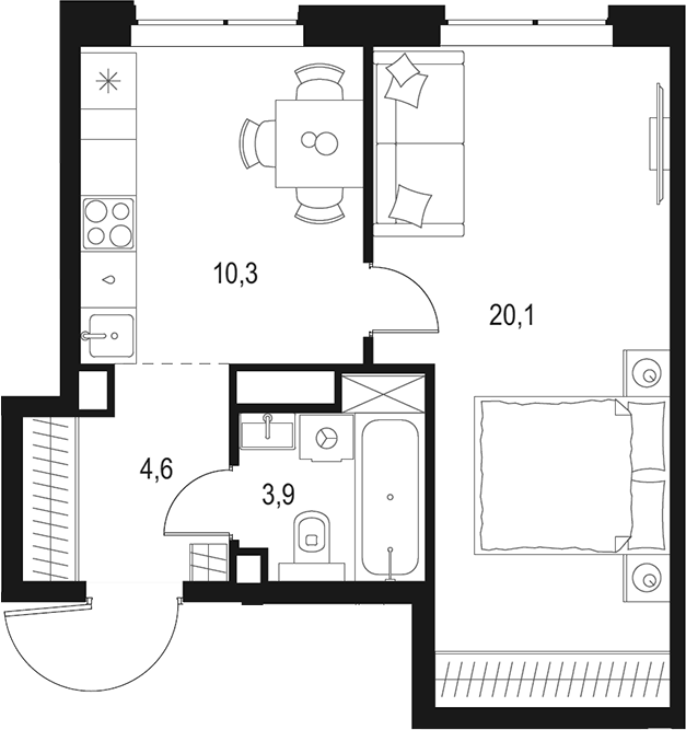Планировка однокомнатная 38.9 м² в ЖК «Левел Мичуринский», корпус 11