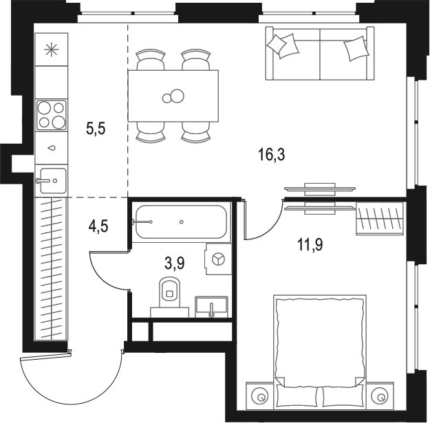 Планировка евродвушка (2Е) 42.1 м² в ЖК «Левел Мичуринский», корпус 11
