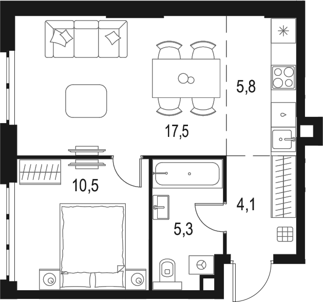 Планировка евродвушка (2Е) 43.2 м² в ЖК «Левел Мичуринский», корпус 7