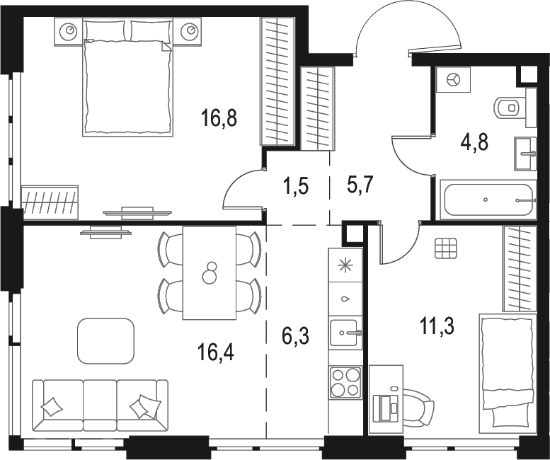 Планировка евротрёшка (3Е) 62.8 м² в ЖК «Левел Мичуринский», корпус 7