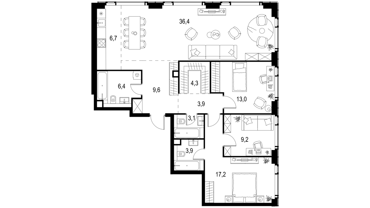 Планировка евро-4 (4Е) 115.1 м² в ЖК «Левел Мичуринский», корпус 3