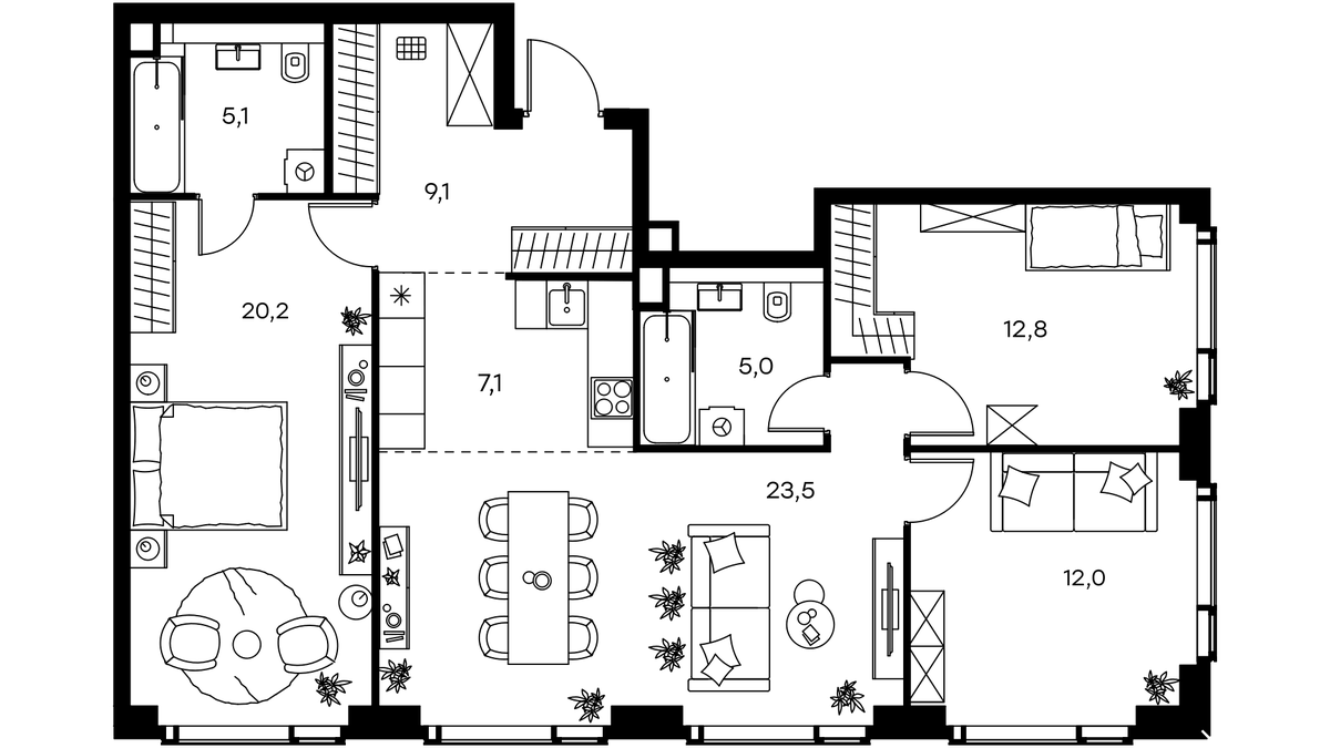 Планировка евро-4 (4Е) 96.3 м² в ЖК «Левел Мичуринский», корпус 2