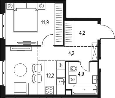 Планировка однокомнатная 37.4 м² в ЖК «Левел Нижегородская», корпус 1