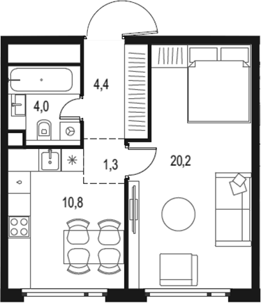Планировка однокомнатная 40.7 м² в ЖК «Левел Нижегородская», корпус 1