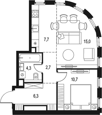 Планировка евродвушка (2Е) 46.7 м² в ЖК «Левел Нижегородская», корпус 1