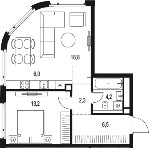 Планировка евродвушка (2Е) 51 м² в ЖК «Левел Нижегородская», корпус 5