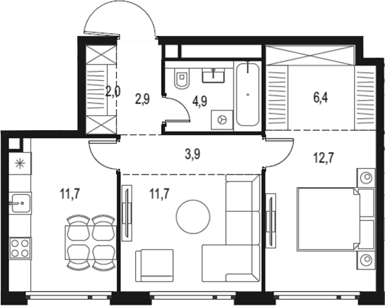 Планировка двухкомнатная 56.2 м² в ЖК «Левел Нижегородская», корпус 1
