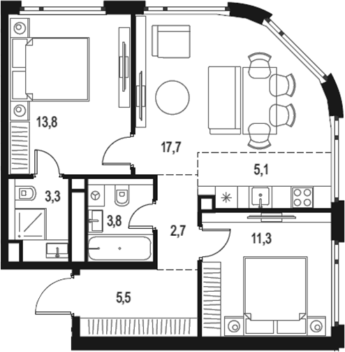 Планировка евротрёшка (3Е) 63.2 м² в ЖК «Левел Нижегородская», корпус 5