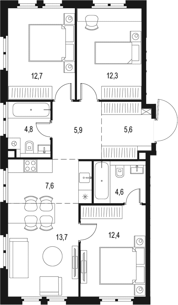 Планировка евро-4 (4Е) 79.6 м² в ЖК «Левел Нижегородская», корпус 2