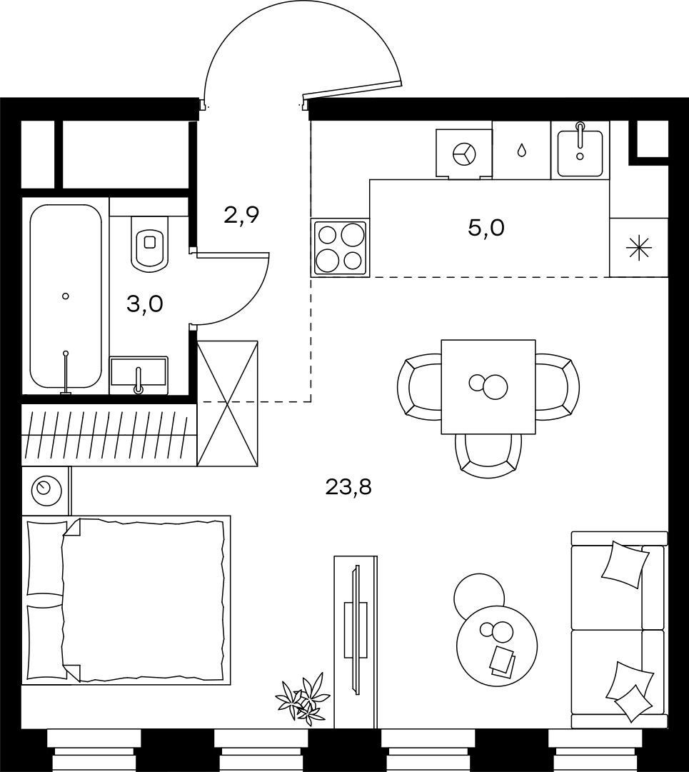 Планировка однокомнатная 34.7 м² в ЖК «Левел Селигерская», корпус 3