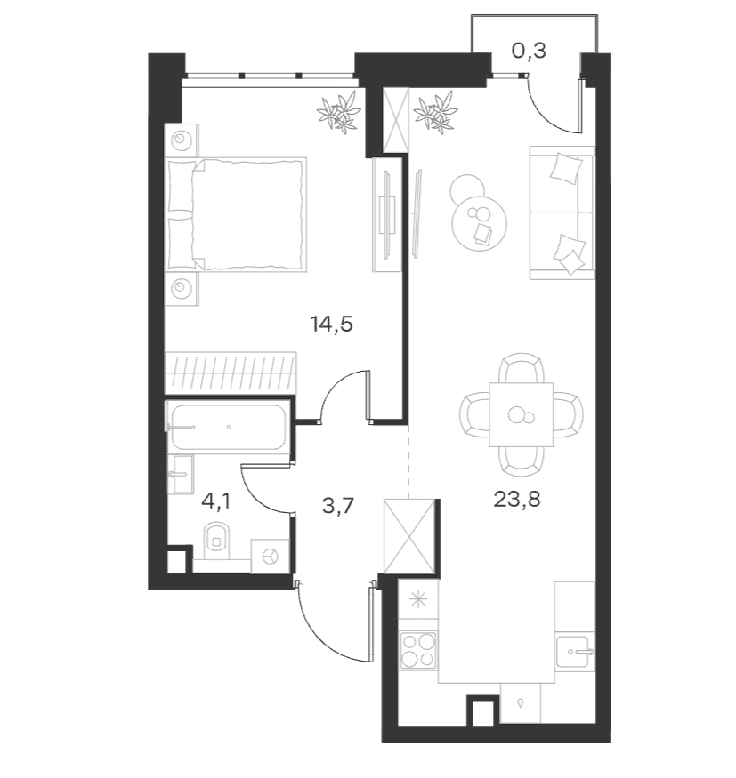Планировка однокомнатная 46.4 м² в ЖК «Левел Селигерская», корпус 5