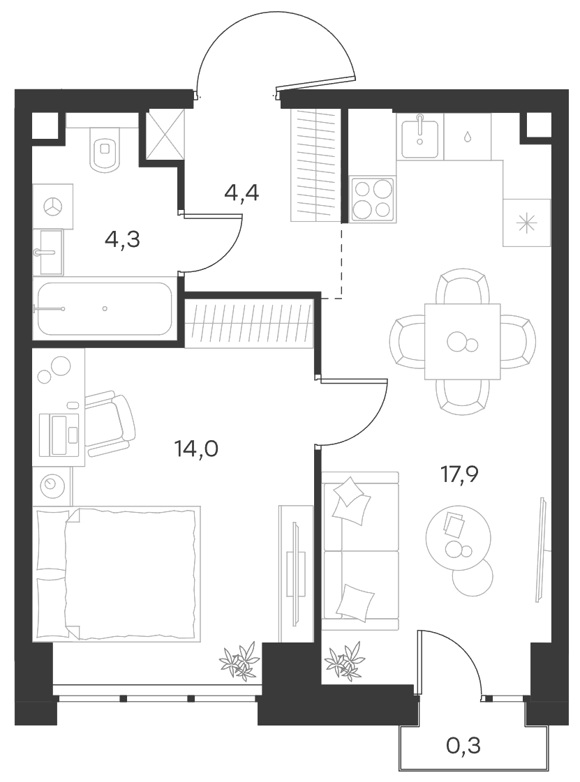Планировка евродвушка (2Е) 40.9 м² в ЖК «Левел Селигерская», корпус 5