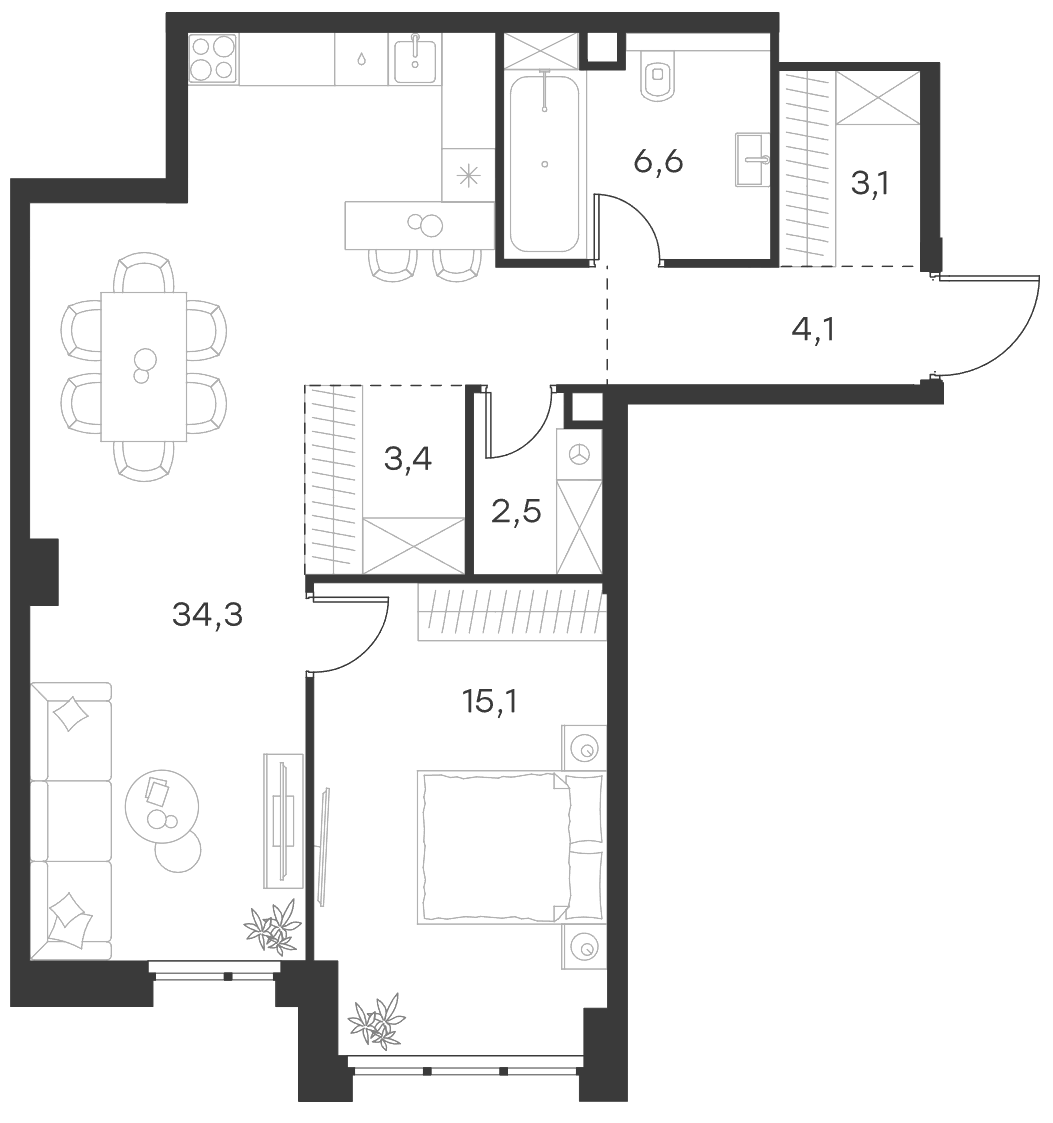 Планировка евродвушка (2Е) 69.1 м² в ЖК «Левел Селигерская», корпус 5