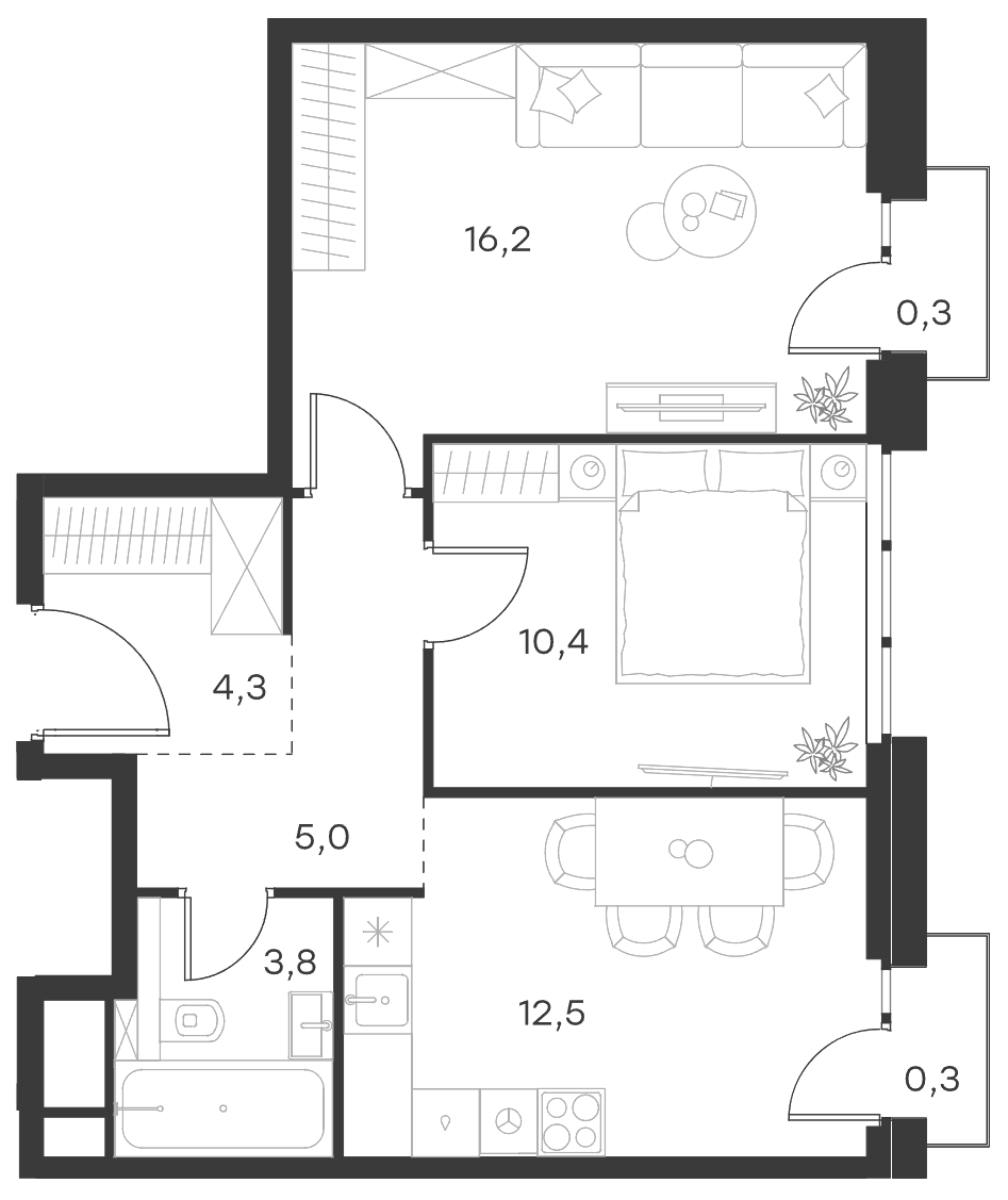Планировка двухкомнатная 52.8 м² в ЖК «Левел Селигерская», корпус 5