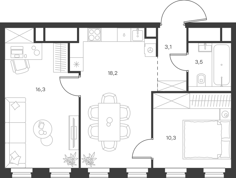 Планировка евротрёшка (3Е) 51.4 м² в ЖК «Левел Селигерская», корпус 3
